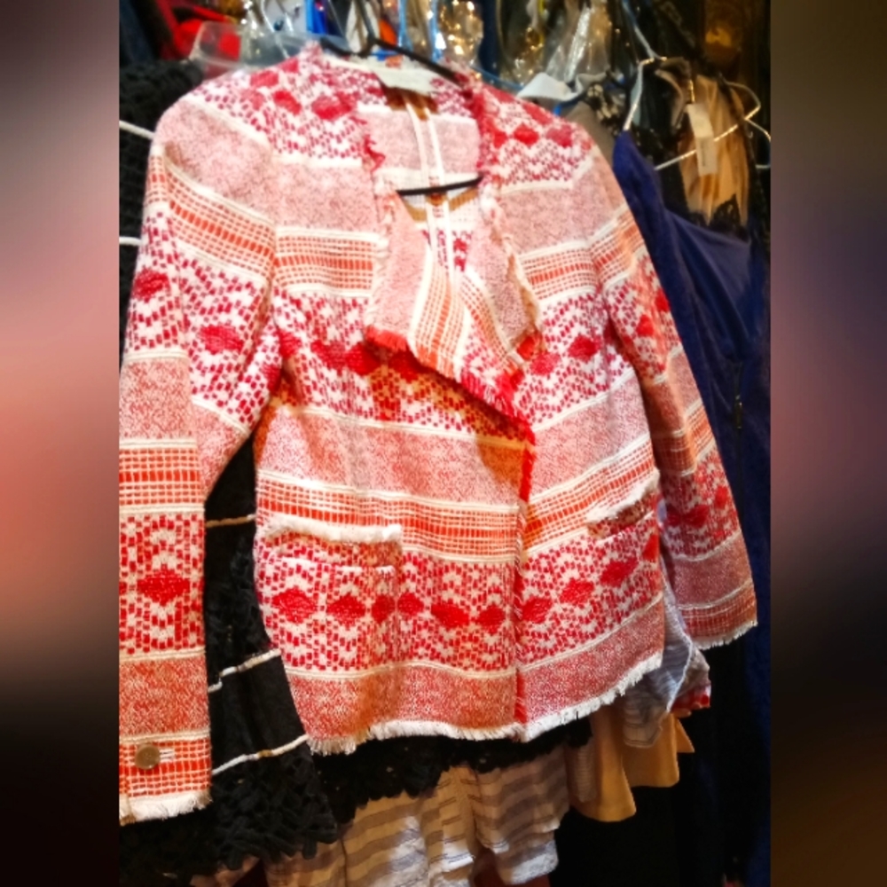 Hand woven fabric by loft in red and white jacket size 0
